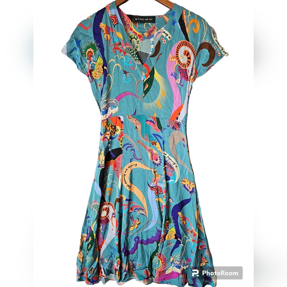 ETRO Women's V Neck Short‎ Sleeve Fit to Flare Long Length Printed Dress Size 42